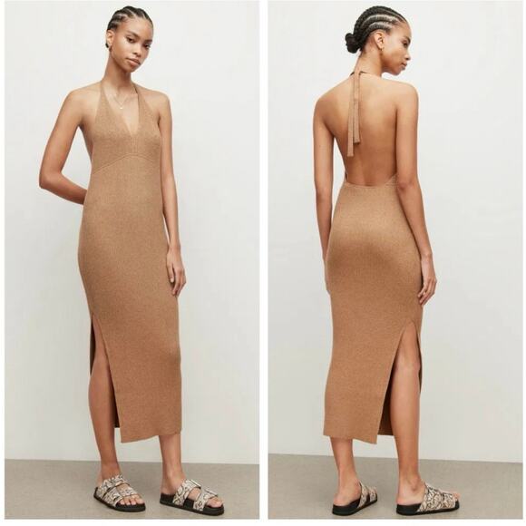 ALLSAINTS Lexi Halter Ribbed Knit Dress in Praline Metallic Size L - Picture 6 of 10